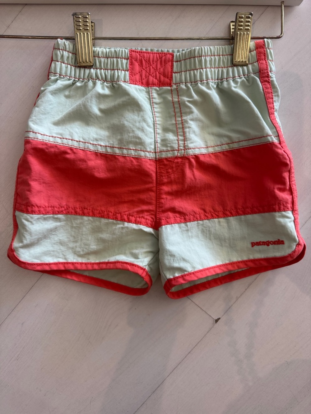 Slightly used Patagonia Kids Coral and Mint Colorblock Shorts 5T